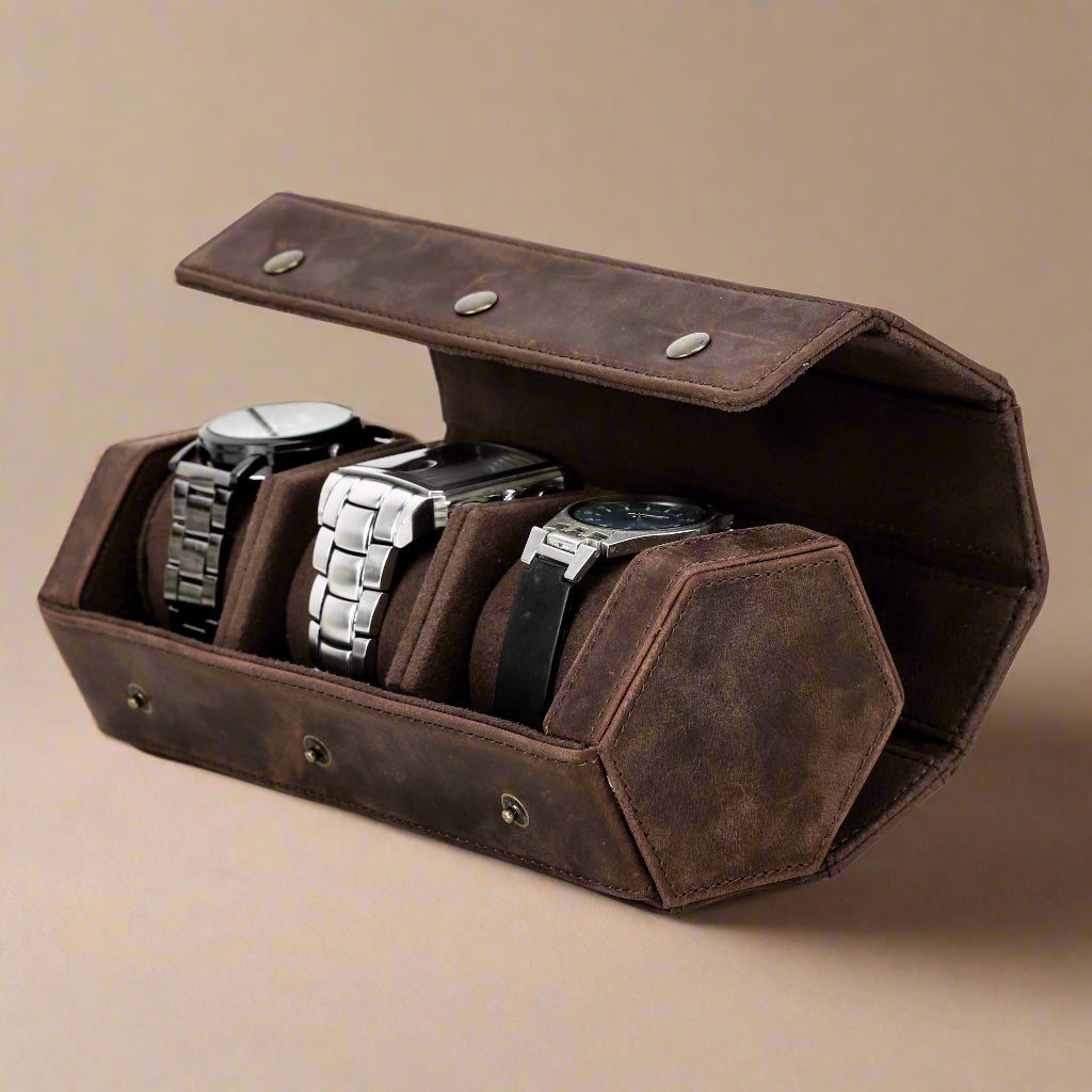 Timezone - Leren Watch roll voor 3 Horloges - Horloge reisetui