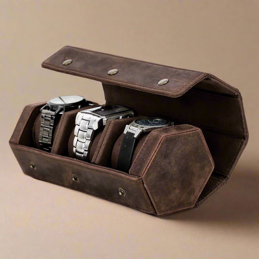 Timezone - Leren Watch roll voor 3 Horloges - Horloge reisetui