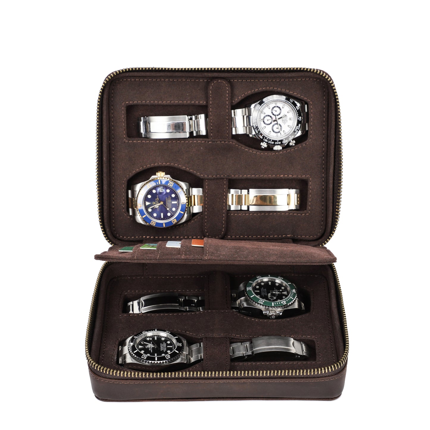 Timezone - Leren Reisetui voor 4 Horloges + pasjes en paspoort.