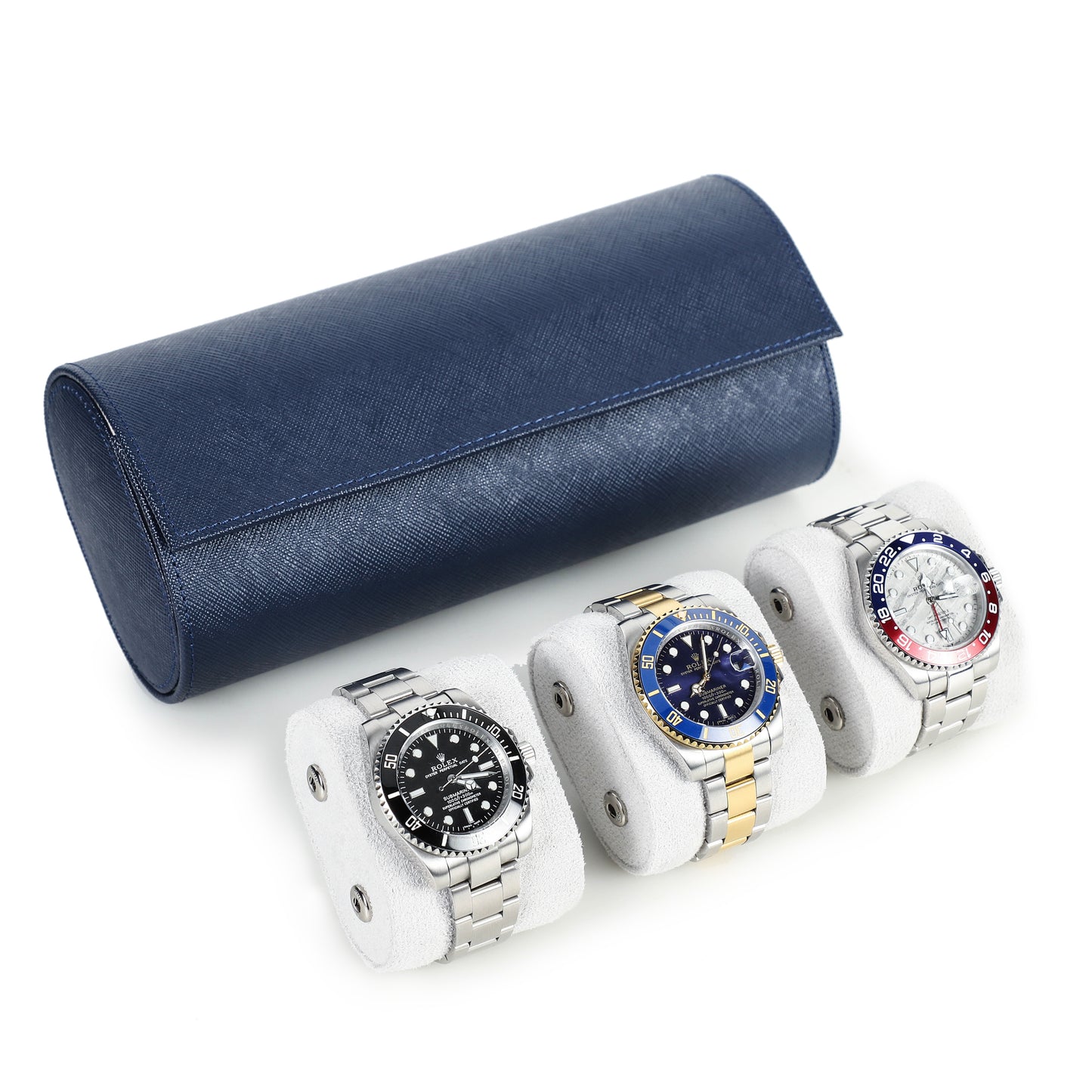 Timezone - Leren Watch roll voor 3 Horloges - Horloge Reisetui - Blauw