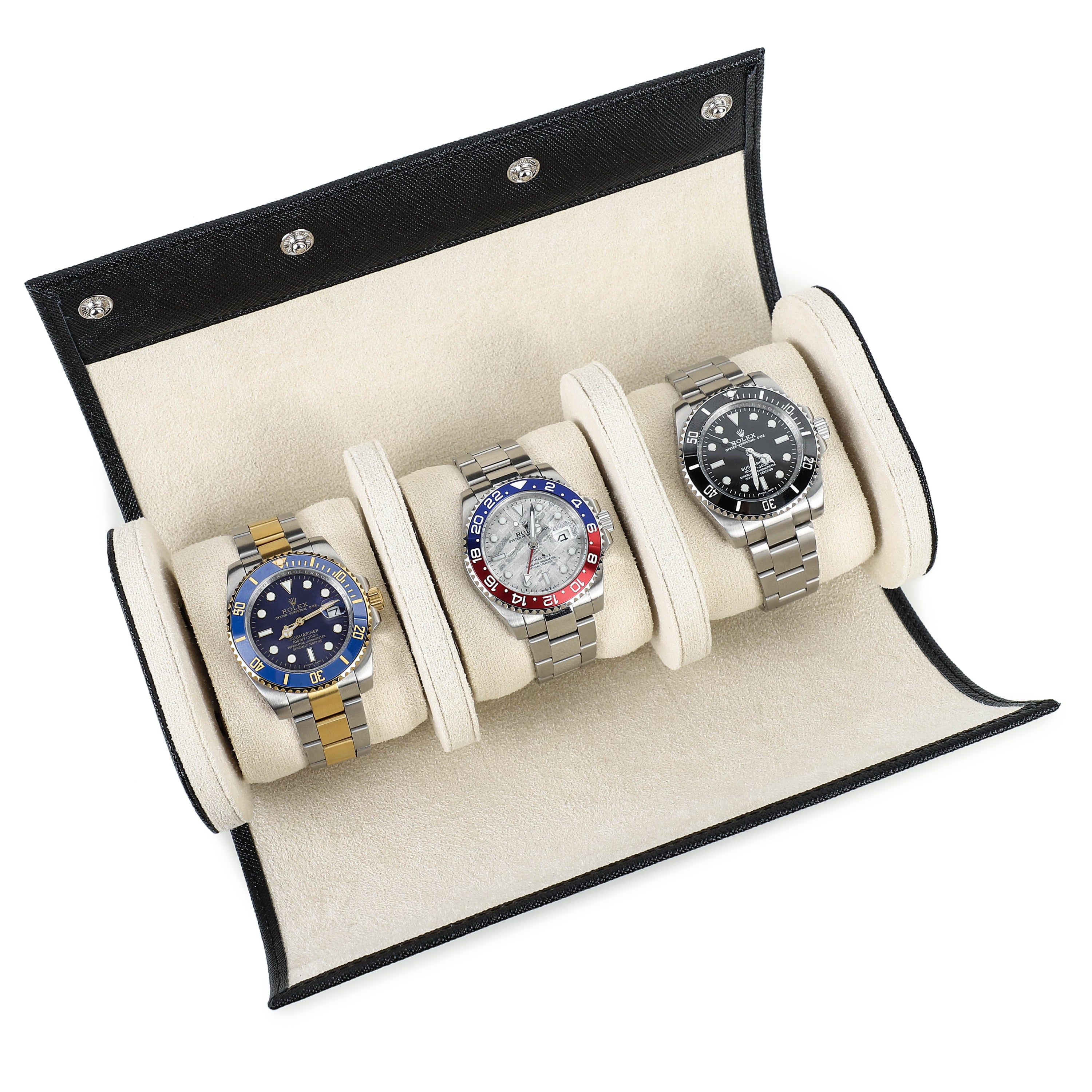 Timezone Leren Watch roll voor 3 Horloges Horloge Reisetui Zwart