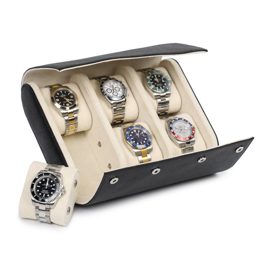 Timezone - Leren Watch roll voor 6 Horloges - Horloge Reisetui - Zwart