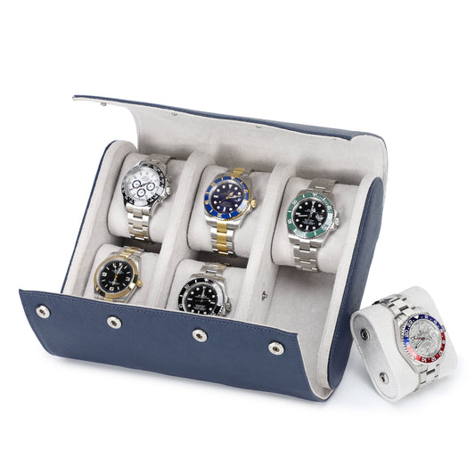 Timezone - Leren Watch roll voor 6 Horloges - Horloge Reisetui - Blauw