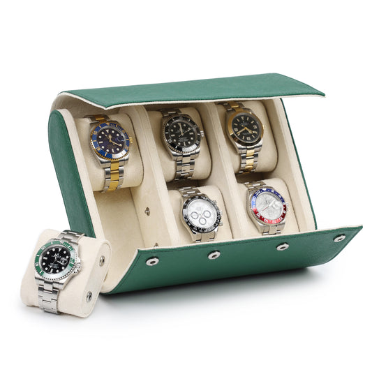 Timezone - Leren Watch roll voor 6 Horloges - Horloge Reisetui - Groen