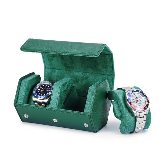 Timezone - Leren Watch roll voor 2 Horloges - Horloge Reisetui - Groen